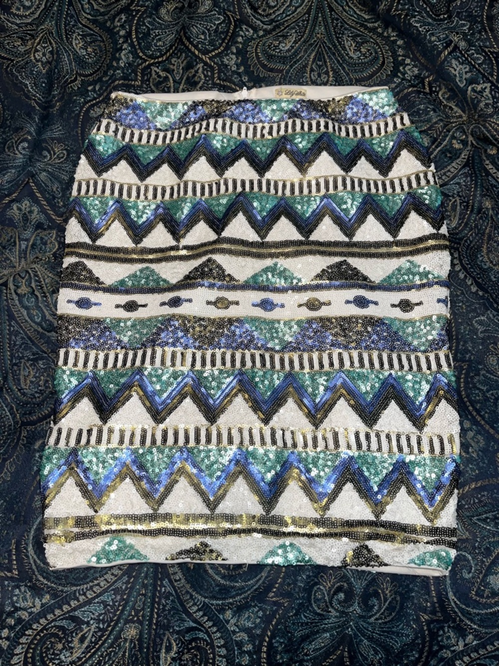 Lily White Sequined Chevron Midi Skirt in Blue, Green & Black